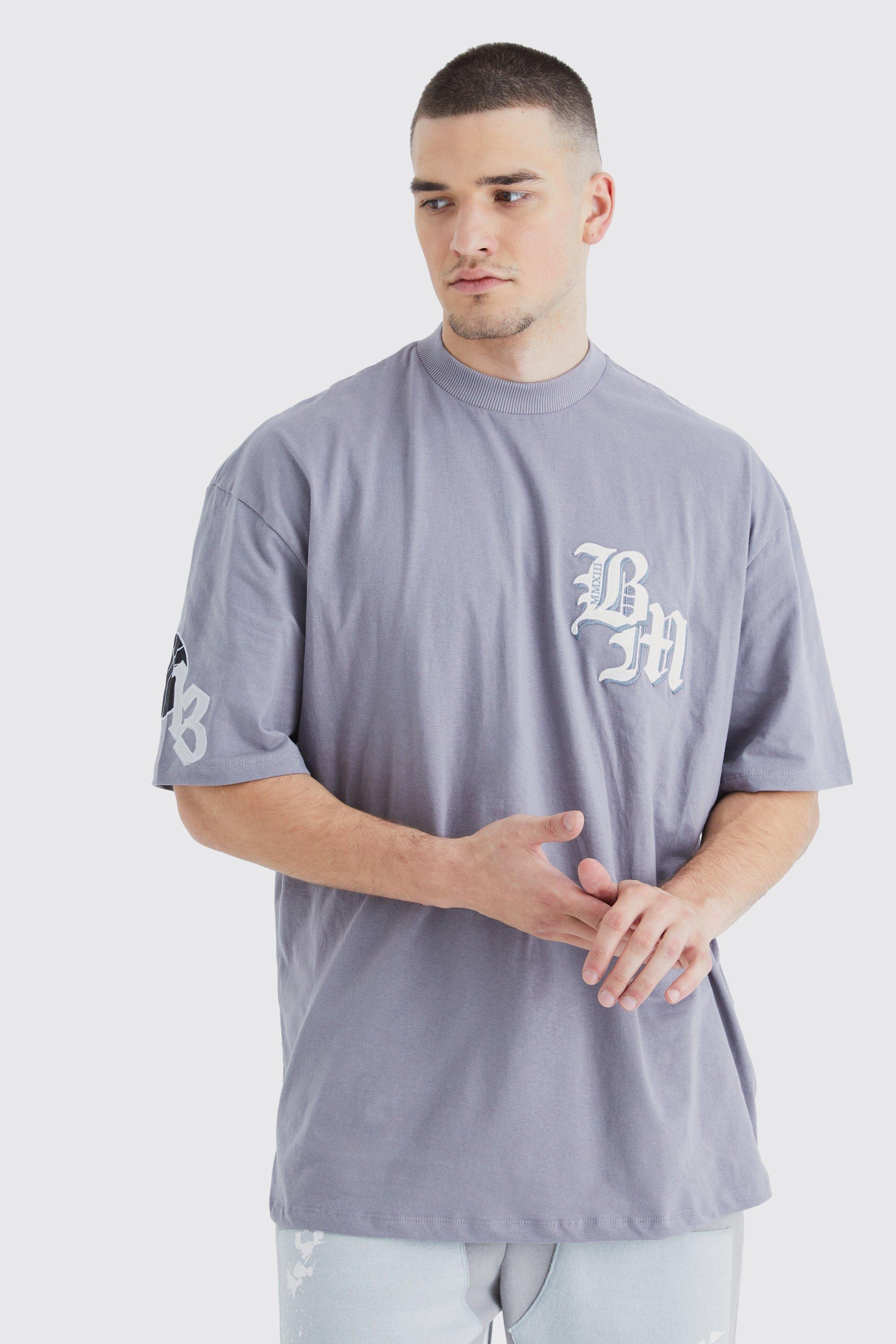 Mens Grey Tall Oversized Raised Limited Text T-shirt, Grey